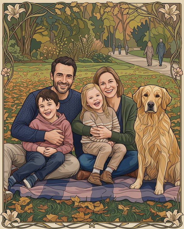 La même photo de famille transformée dans le style Art Nouveau