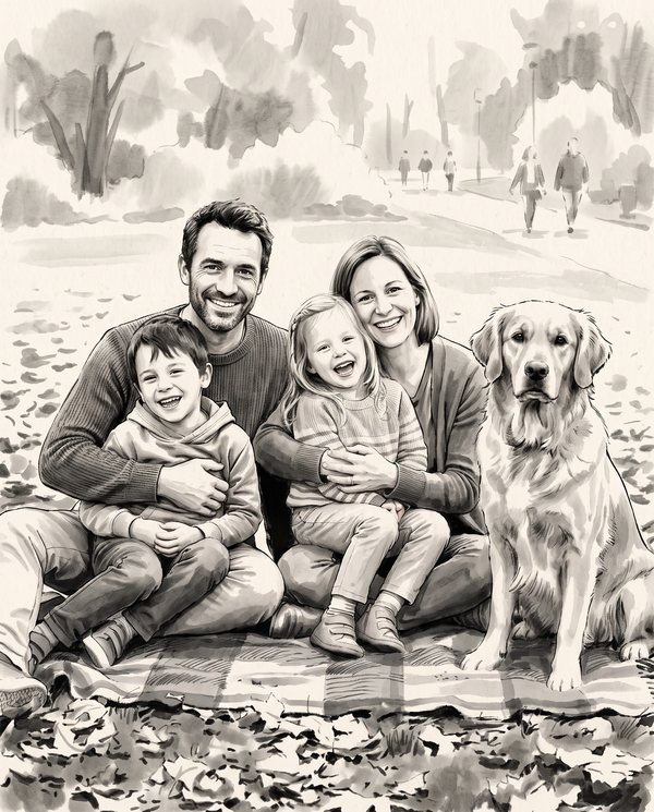 La même photo de famille transformée dans le style Encre & Sumi-e