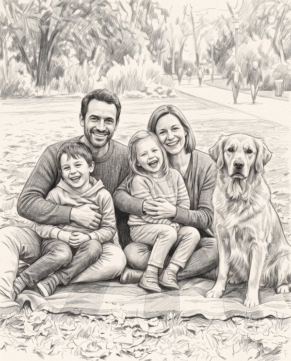 La même photo de famille transformée dans le style Crayon & Esquisse