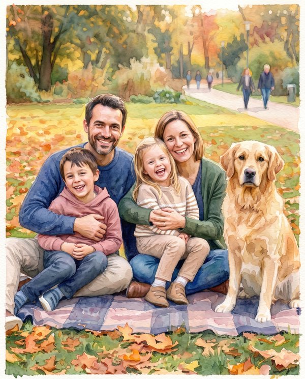 La même photo de famille transformée dans le style Aquarelle